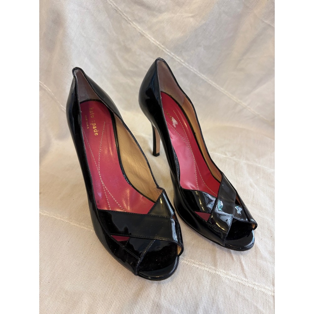 Kate Spade Black Patent Leather Peep Toe Pumps Heels Made in Italy Size 7.5B